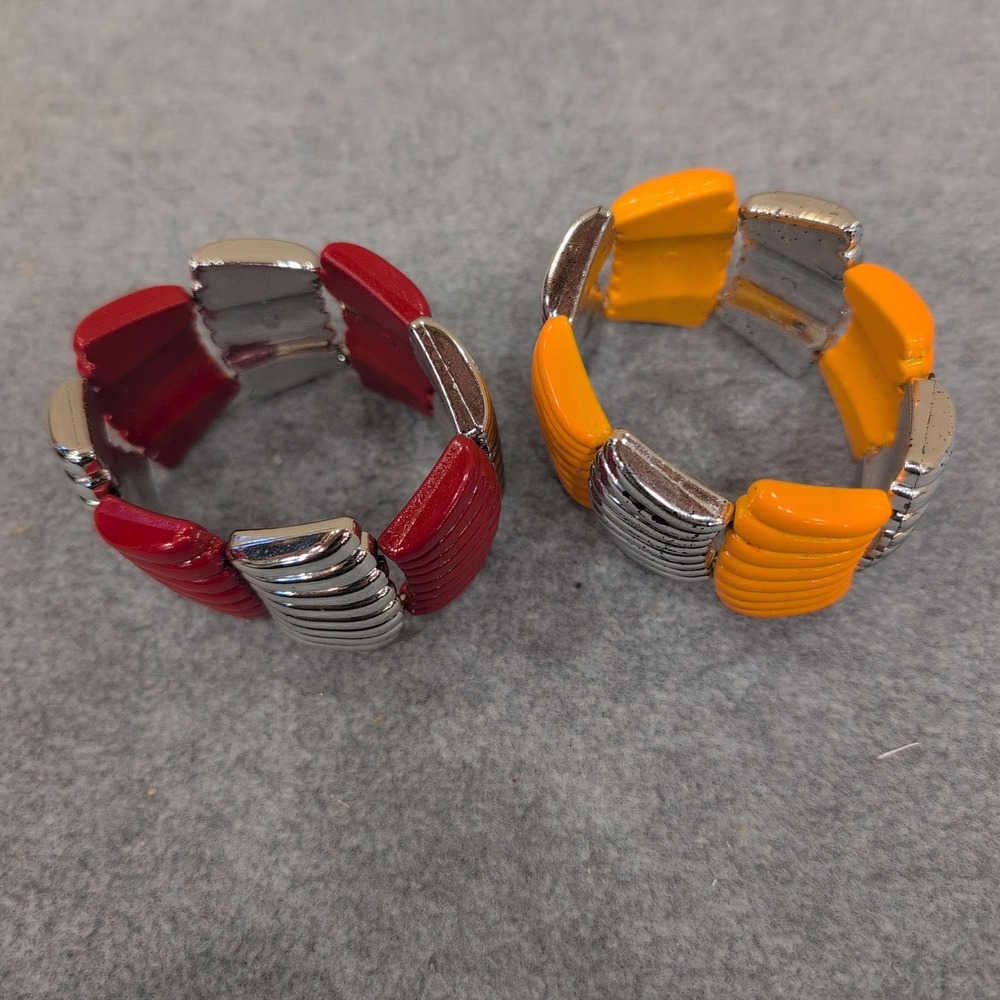 Set of 2 Stretch Bracelets Red Orange Silver Tone Beaded Stretchy Stackable - Picture 2 of 2